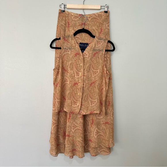 Ralph Lauren Dresses & Skirts - RALPH LAUREN Vintage Button Blouse Shirt Skirt Set Paisley Tan Acetate Silk Sz 8